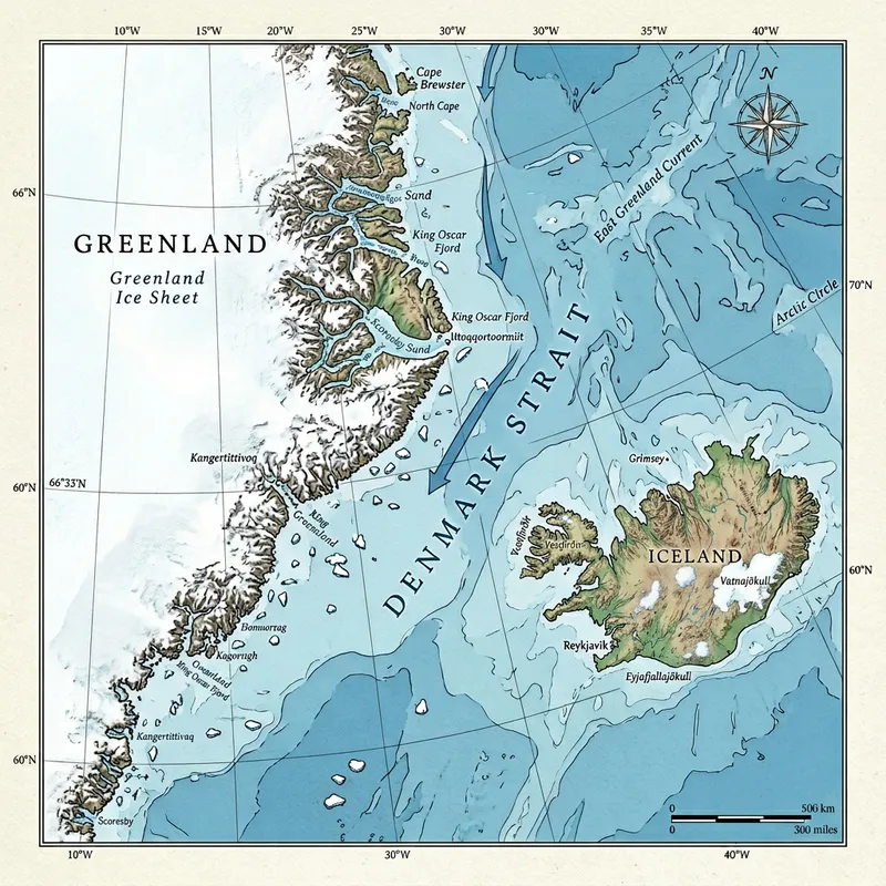 Denmark Strait: Drawing of the Channel between Iceland and Greenland Denmark Strait: Drawing of the Channel between Iceland and Greenland