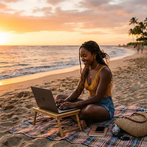 Young African Woman Creating Content on Laptop at Sunset Beach