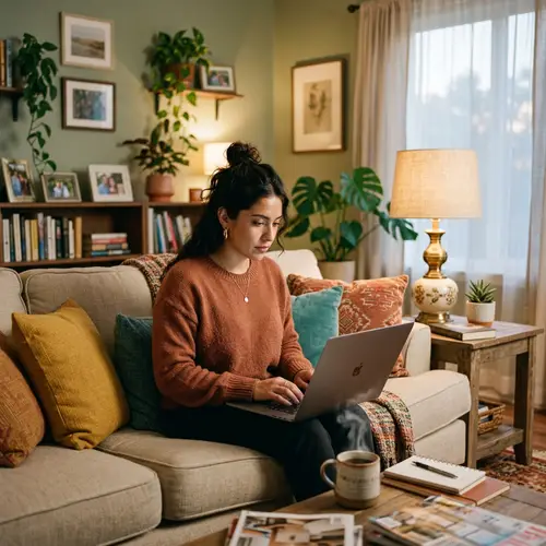 Young Latina Woman Creating Content in Cozy Living Room | Website