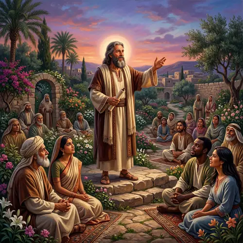 Biblical Era Religious Figure Sharing Wisdom with Diverse Group