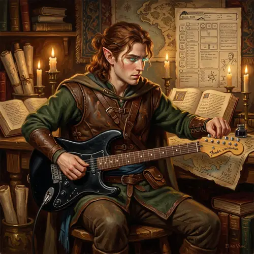 Half-Elf Bard with Black Fender Stratocaster | Fantasy Character Illustration
