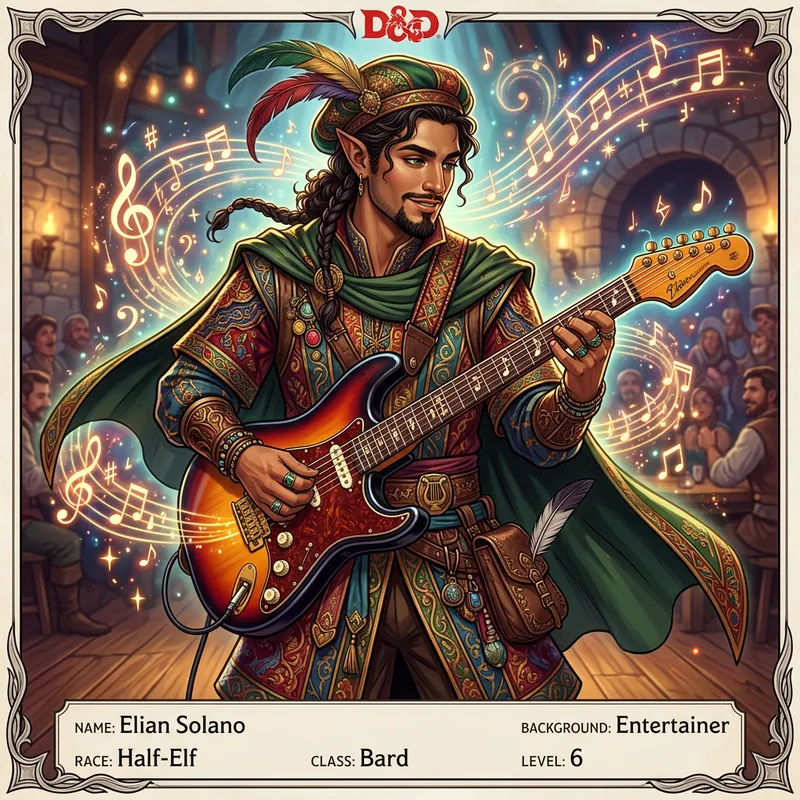Hispanic Half-Elf Bard Playing Rosewood Fender Guitar | D&D Illustration Hispanic Half-Elf Bard Playing Rosewood Fender Guitar | D&D Illustration