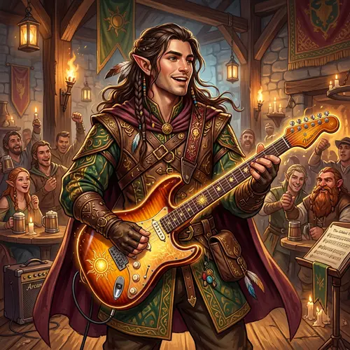 Male Half-Elf Bard with Sunburst Fender Stratocaster