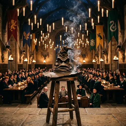Enchanting Hogwarts Great Hall Illustration with Sorting Hat