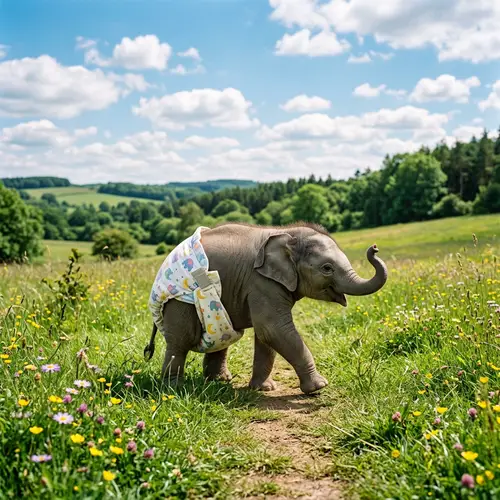 Baby Elephant in Diapers - Playful Cute Animal on Green Meadow