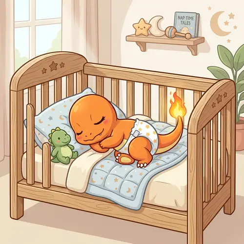 Adorable Charmander Pokemon Sleeping in Crib