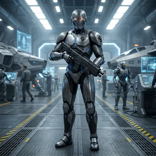 Fictional Sci-Fi Soldier Robot - Sleek Design Full Body Image