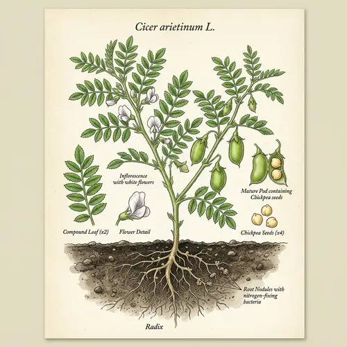 Detailed Botanical Illustration of Chickpea Plant | Green Leaves, Flowers, Pods