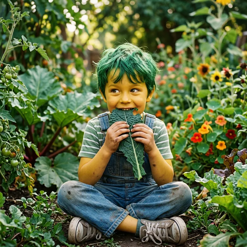 Young Boy with Green Hair Eating Leaf - Nature's Bounty Snack
