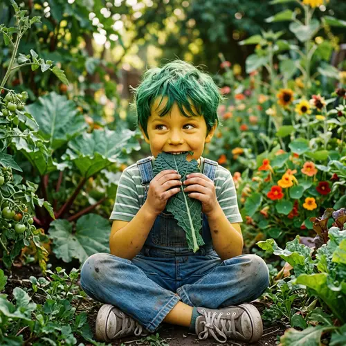 Vibrant Green-Haired Boy Enjoying Nature's Bounty with a Crunchy Snack