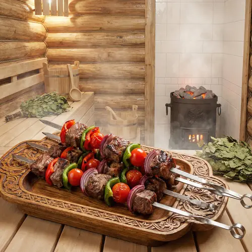 Delicious Kebabs in Traditional Russian Banya