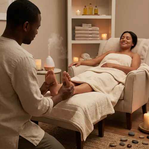 Tranquil Foot Massage: Black Male Masseuse Soothing Hispanic Client