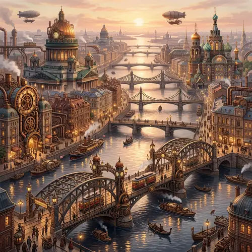Steampunk Cityscape Inspired by St. Petersburg - Architectural Elegance