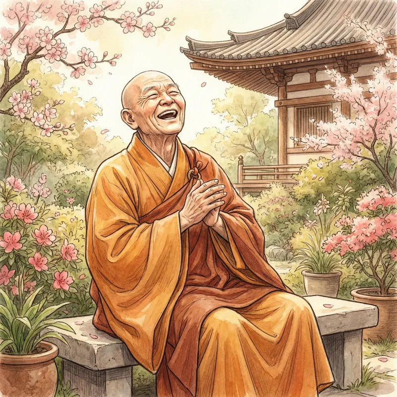 Laughing Monk in Peaceful Monastery Garden