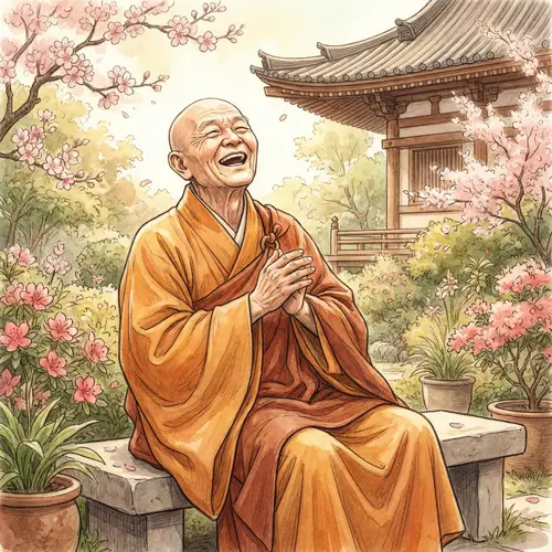Jovial Monk Laughing in Peaceful Monastery Garden
