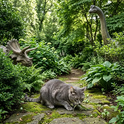 Gray Cat Eating Lizard in Green Garden with Dinosaurs