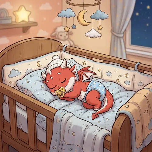 Sleeping Newborn Cartoon Red & White Dragon in Crib