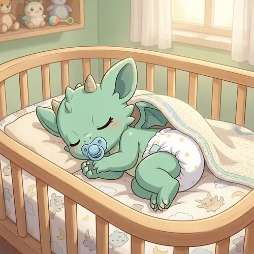 Cute Baby Dragon Cartoon - Infant Creature in Crib