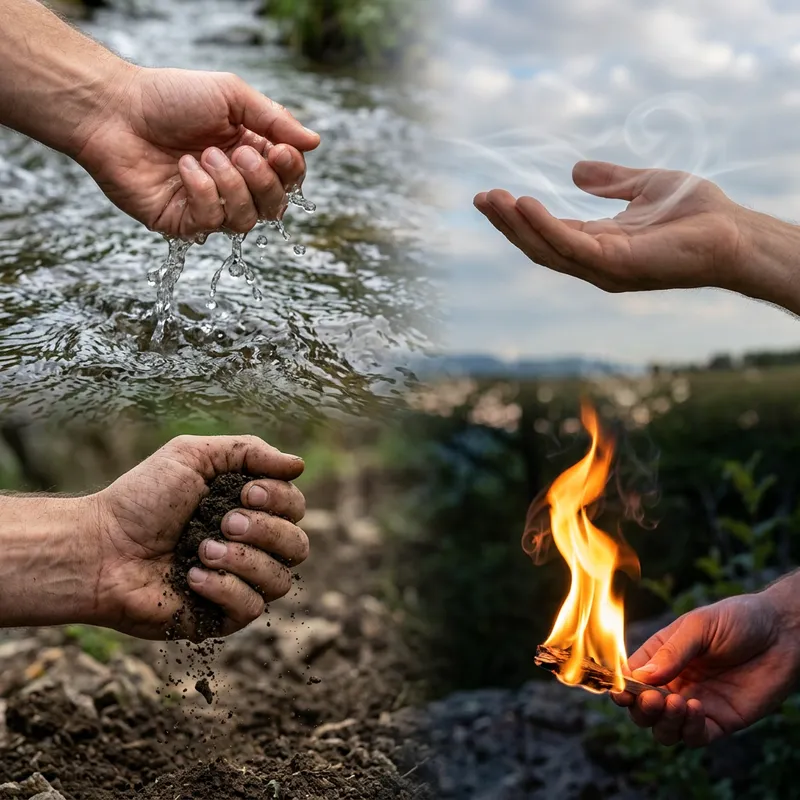 Elemental Hands: Water, Air, Earth, and Fire Grasped