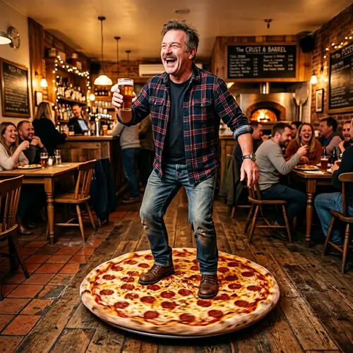 Middle-Aged Man Laughing on Pizza with Beer - Boisterous Moment