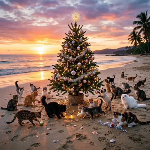Christmas Tree on Beach with Diverse Cats - Festive Scene