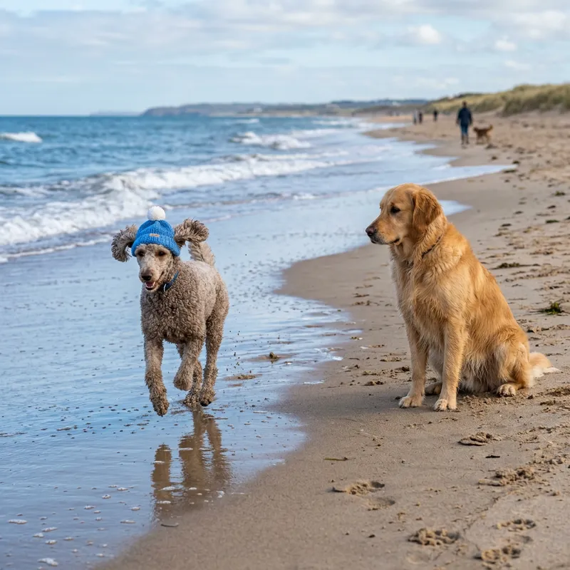 Poodle and Golden Retriever Running by the Sea