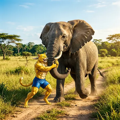 Muscular Cat vs Giant Elephant: A Playful Showdown