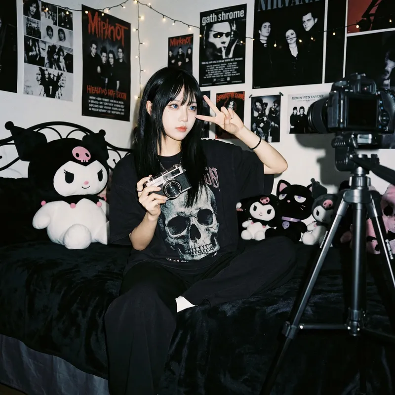 Beautiful Chinese Emo Model in Black Attire Poses in 4K Resolution