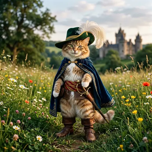 Swashbuckling Cat with Feathered Hat, Cloak & Boots
