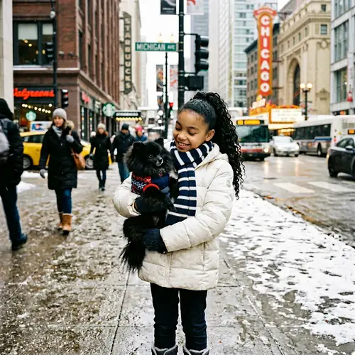 Adorable African American Girl with Pomeranian in Snowy Chicago