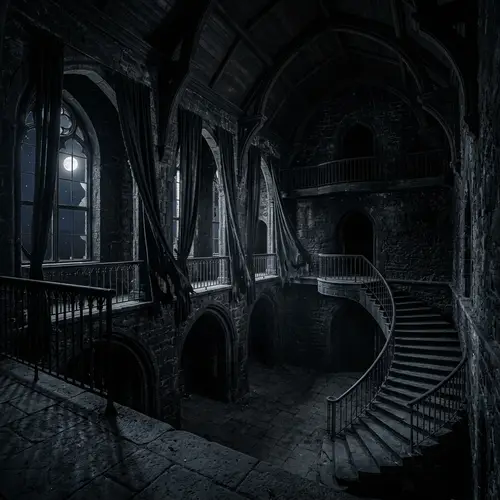 Eerie Night View Inside Abandoned Black Castle