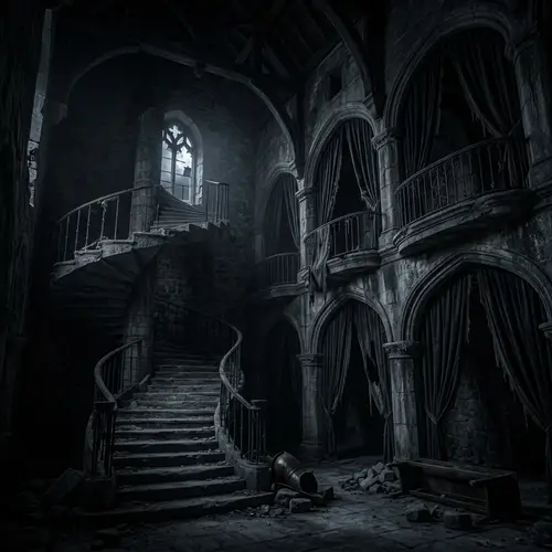 Dark Night in Derelict Castle: Eerie Interior View