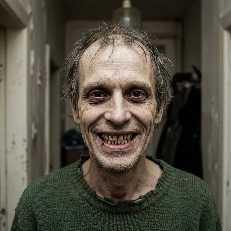 Terrifying Rotting Man with Twisted Features Grinning