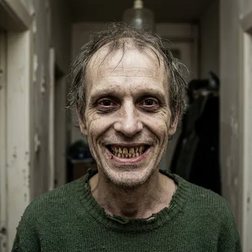 Terrifying Rotting Man with Distorted Face Smiling - Macabre Portrayal