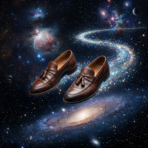 Venetian Loafers Floating in Space: Surreal Cosmic Scene
