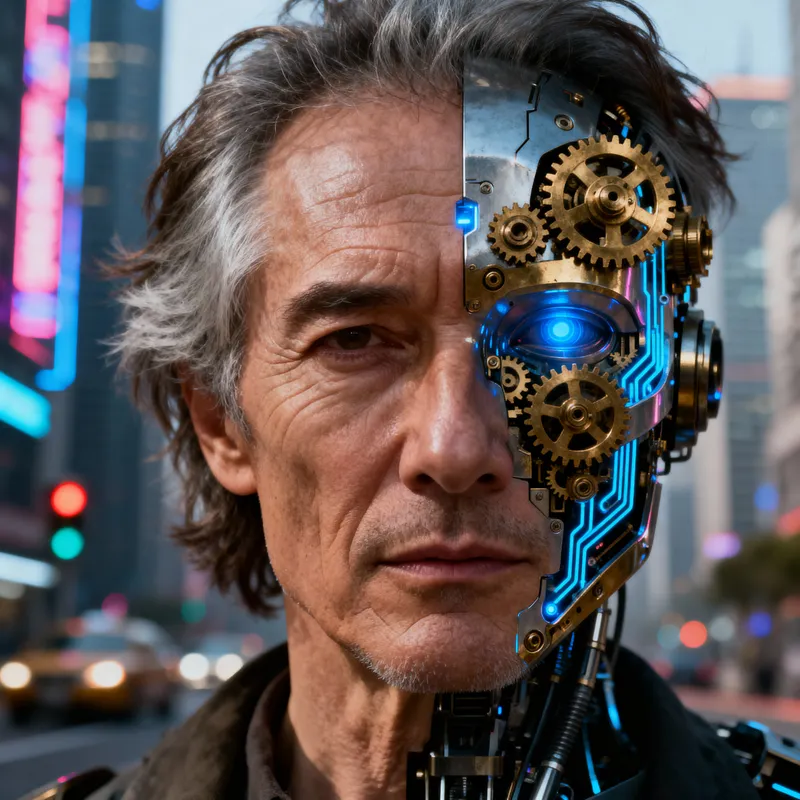 Robotic Half-Face Man: Art of Technology and Humanity