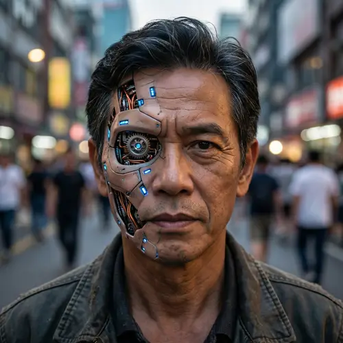 Robotic Half-Face Man: Art of Technology and Humanity