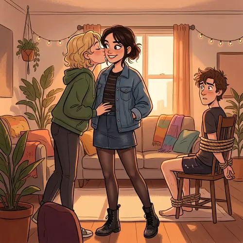 Brunette Beauty's Whimsical Love Triangle Cartoon
