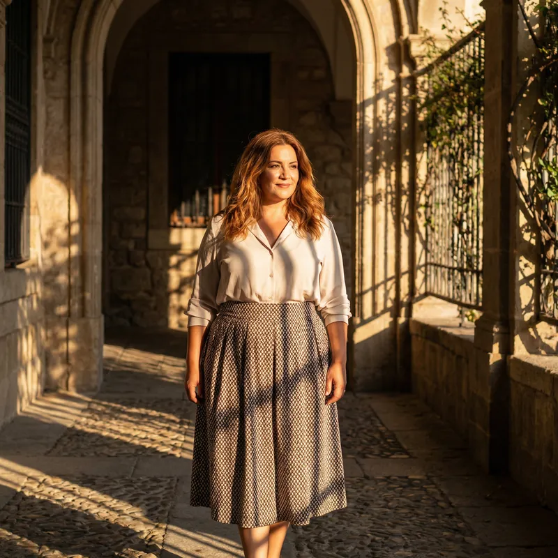 Elegant Voluptuous Hispanic Woman | Auburn Hair & Chic Outfit