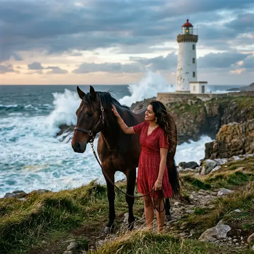 Enchanting Woman in Red Dress Petting Horse by Lighthouse