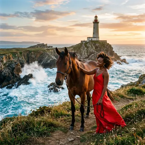 Captivating Black Woman in Stylish Red Gown Petting Majestic Horse