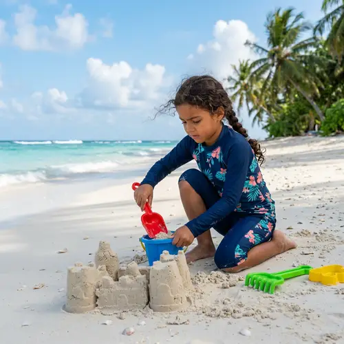 Young Middle-Eastern Girl Building Sandcastle on Serene Beach