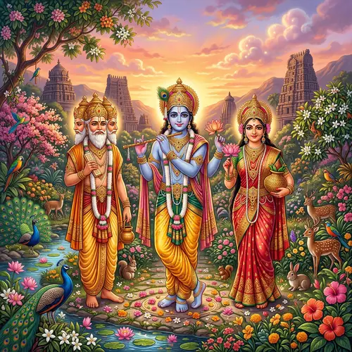 Serene Hindu Mythology Illustration with Adorned Deities in Lush Garden