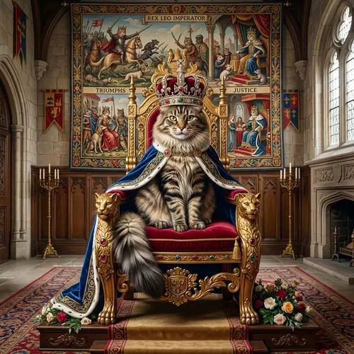 Regal Feline Monarch on Grand Throne | Exquisite Power & Wisdom