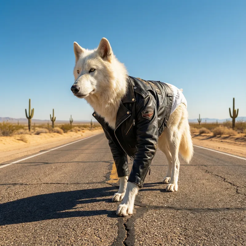 Albino Wolf in Leather Jacket: A Surreal Adventure