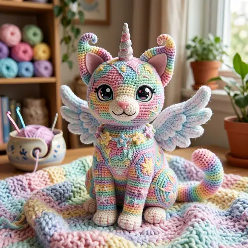 Fantasy Cat Amigurumi Crochet Sculpture | Handmade Feline Art