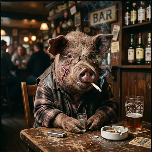 Quirky Pig with Glasses and Scar Smoking - Piggy Style!