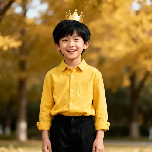 Charming Boy in Yellow Shirt and Black Pants