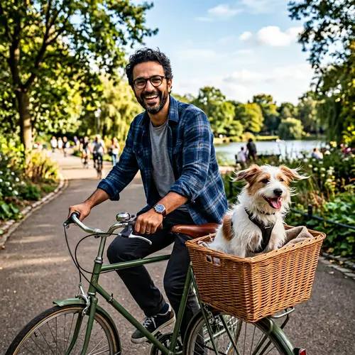 Joyful Middle-Eastern Man and Dog Enjoying Bike Ride | Adventure