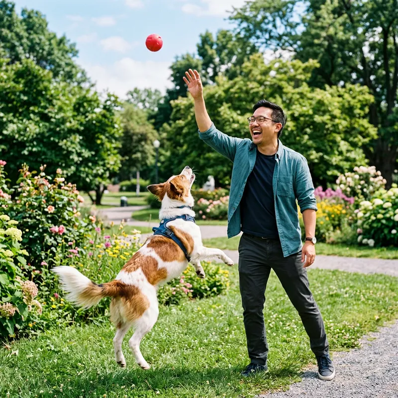 Happy Man Playing with White and Brown Dog